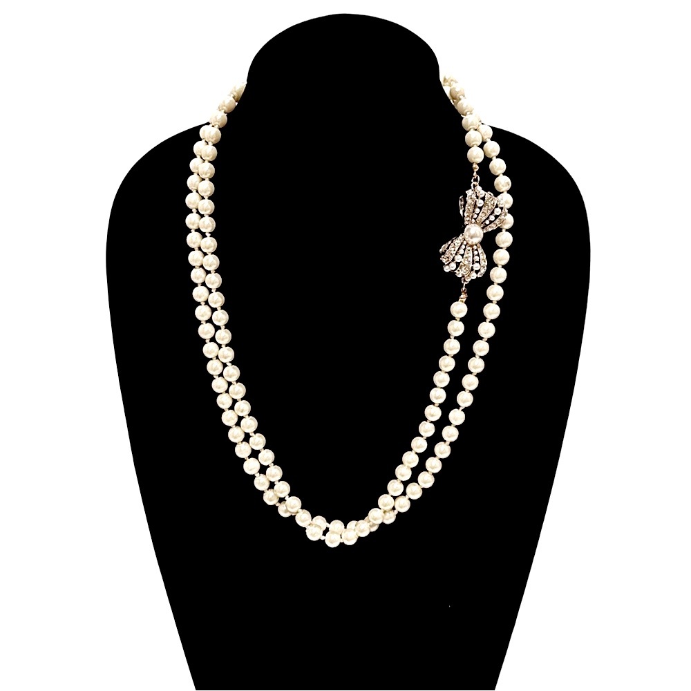 Double-Strand Ivory Pearl Necklace with Jeweled Bow Accent